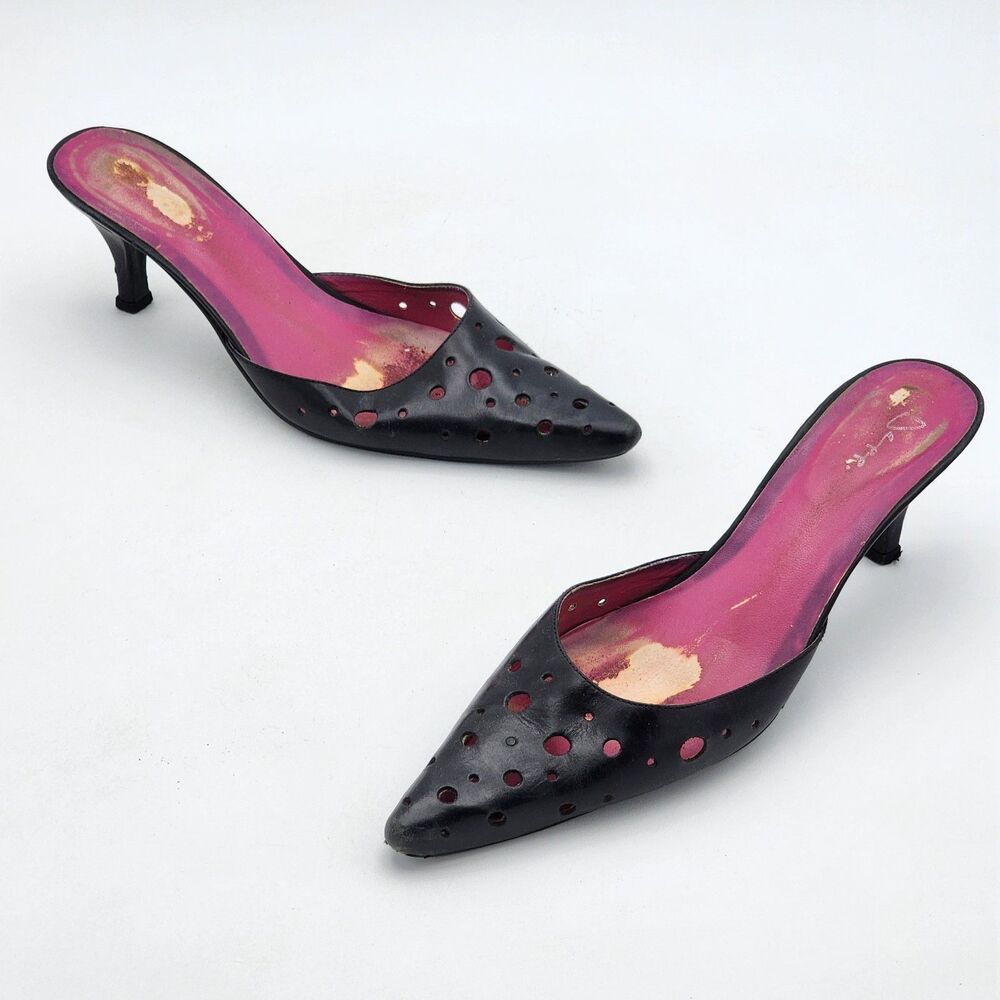 Depp Vintage Y2K Cutout Holes Leather Pointed Toe Kitten Heel Mules Size 8 RARE